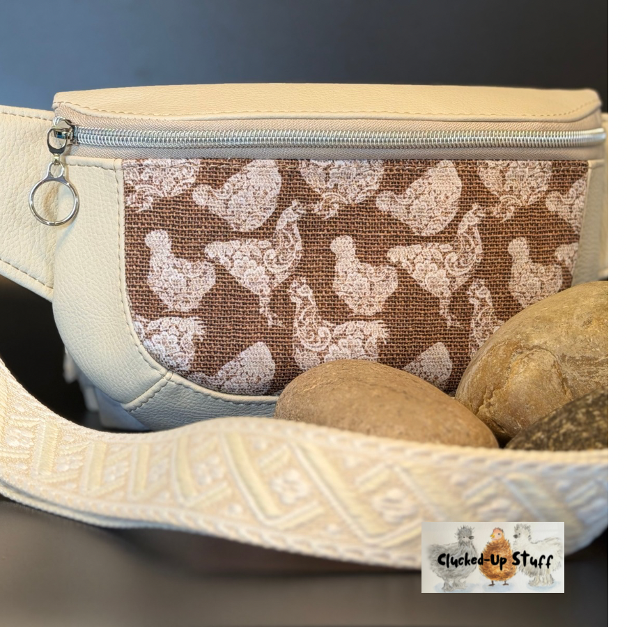 Clamshell Chicken Print Sling Bag in Faux Leather & Linen Canvas