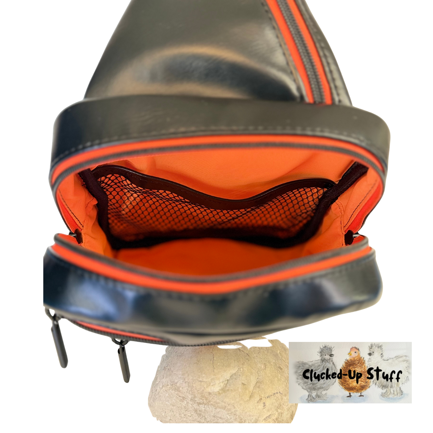 Black Faux Leather Unisex Sling Bag with Orange Zippers | Waterproof Lining | Modern Crossbody