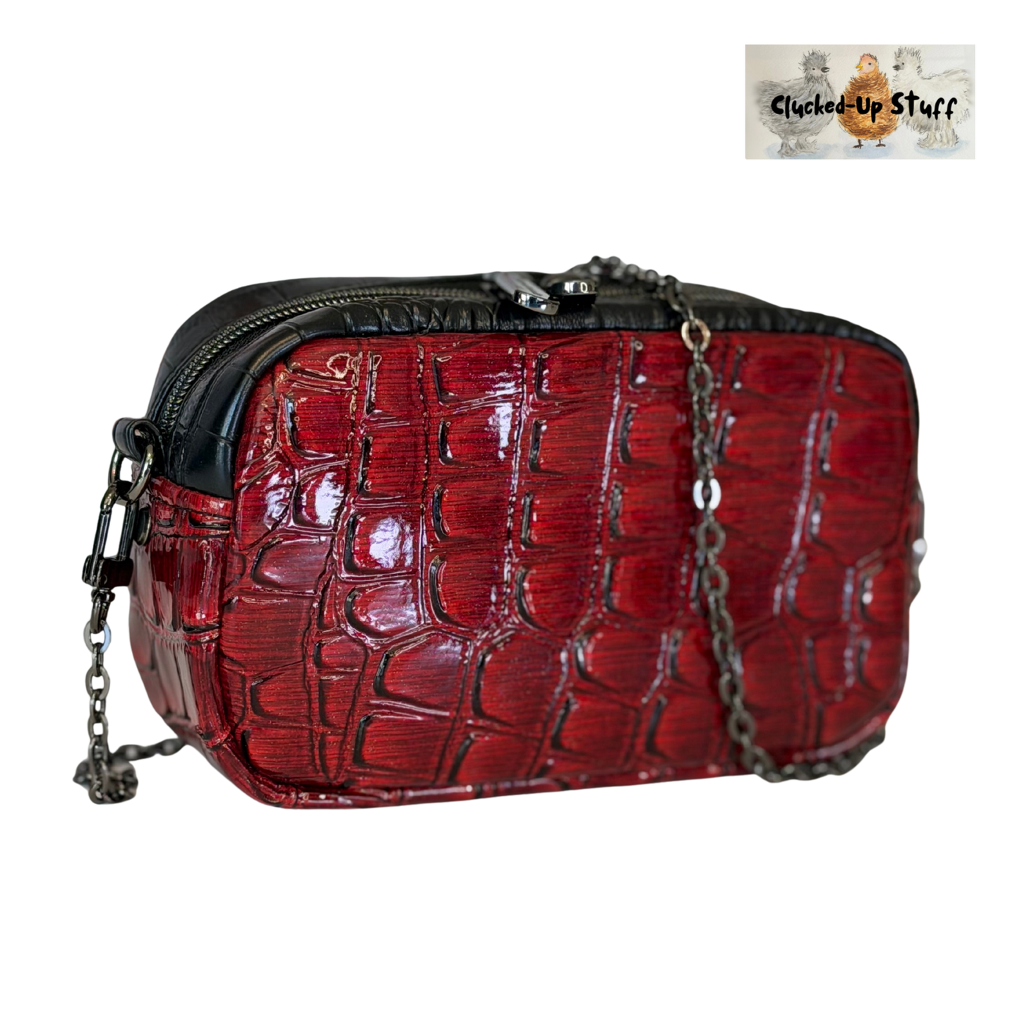 Red & Black Faux Crocodile Crossbody Bag – Bold Striped Handmade Statement Purse