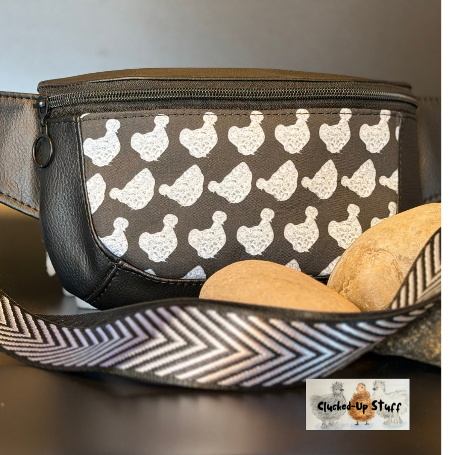 Clamshell Silkie Chicken Print Sling Bag in Faux Leather & Linen Canvas