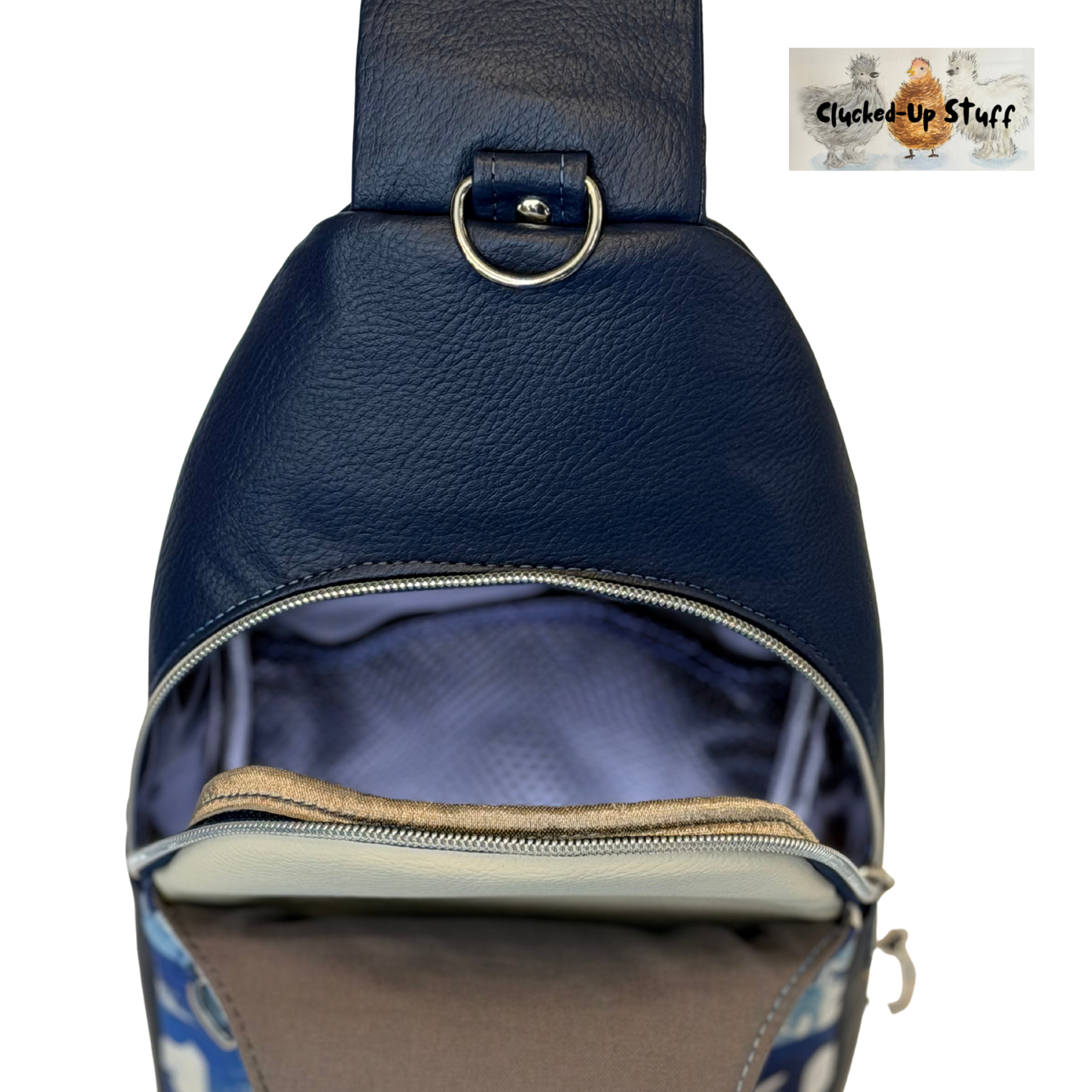 Denim Horse Print Sling Bag with Faux Leather & Water-Resistant Canvas Interior