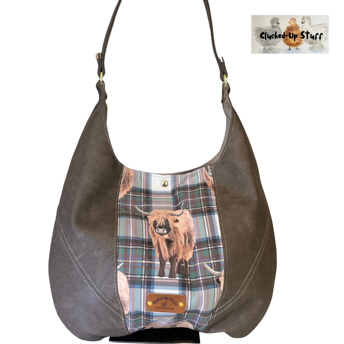 Slouchy Boho Shoulder Bag in Highland Cow Plaid