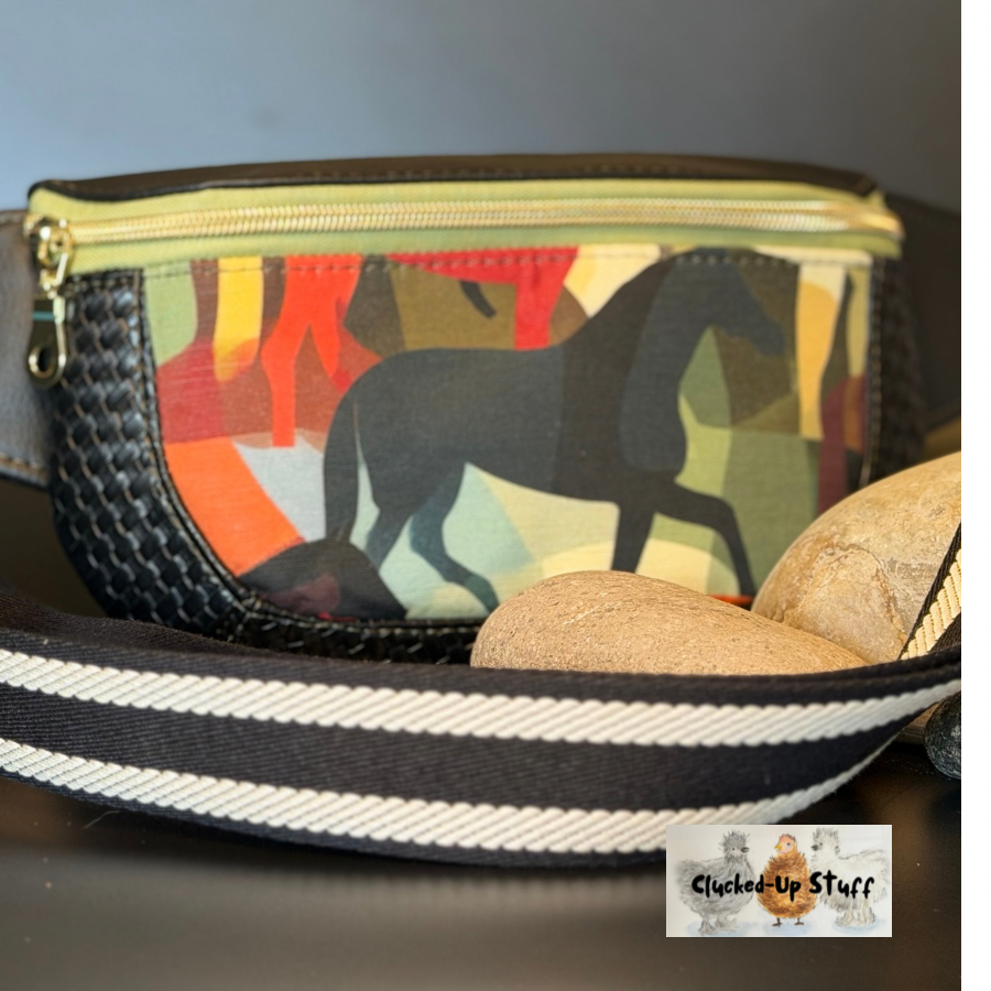 Clamshell Horse Print Sling Bag in Faux Leather & Linen Canvas
