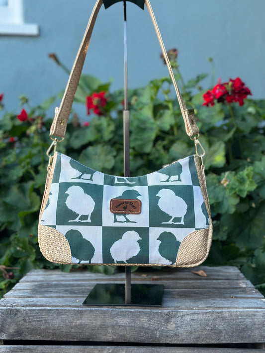 Green Checkered Chick Shoulder Bag – Denim & Basket Weave Faux Leather