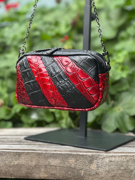 Red & Black Faux Crocodile Crossbody Bag – Bold Striped Handmade Statement Purse