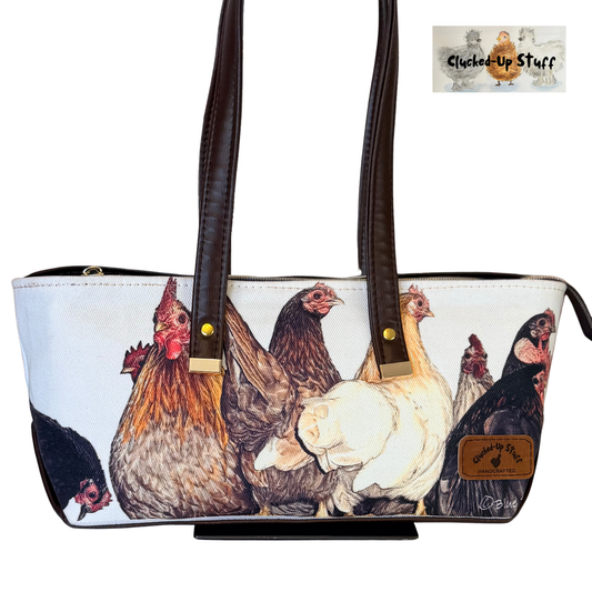 Chicken Print East West Shoulder Bag with Denim & Faux Leather