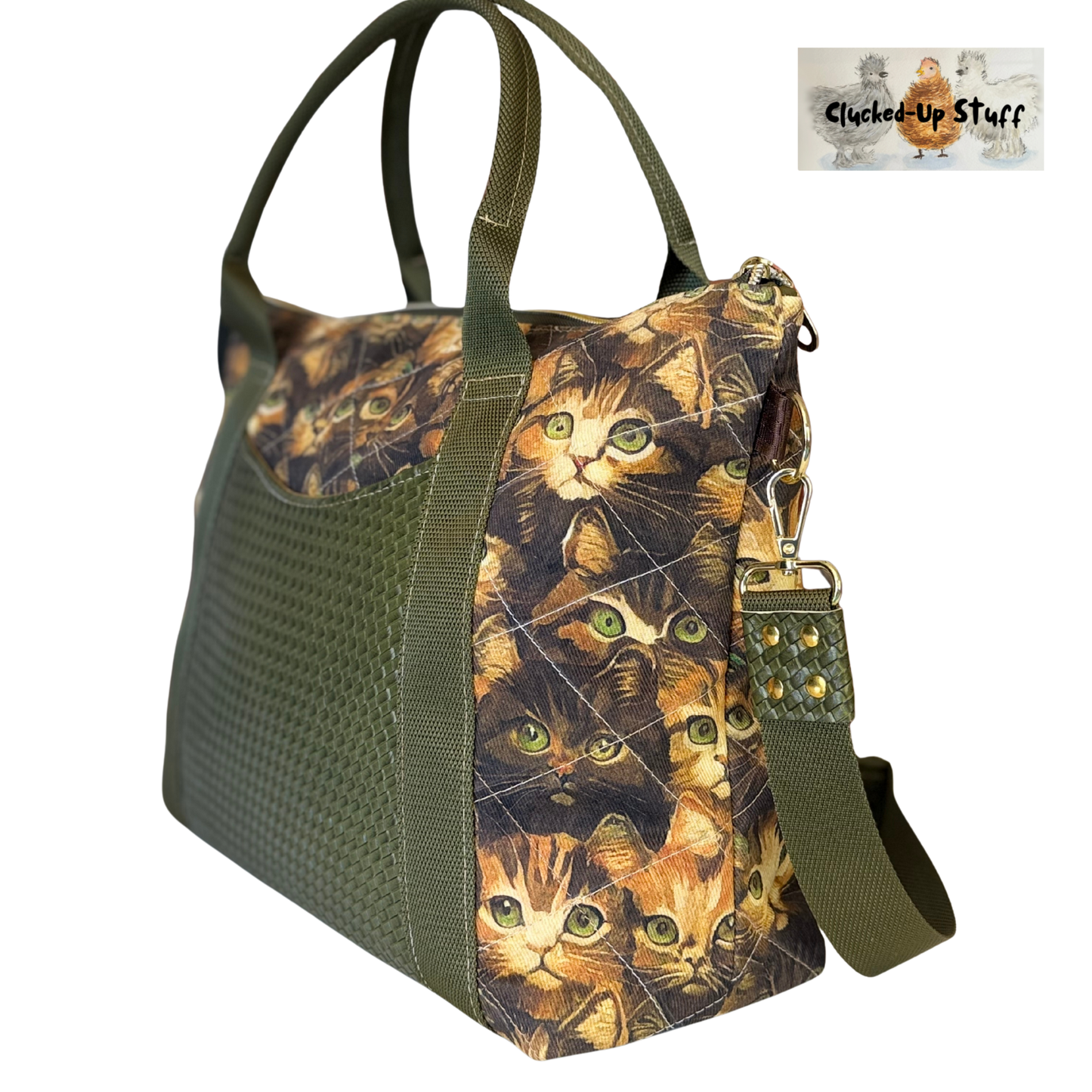 Kittens Cats Print Denim & Faux Leather Commuter Tote Bag