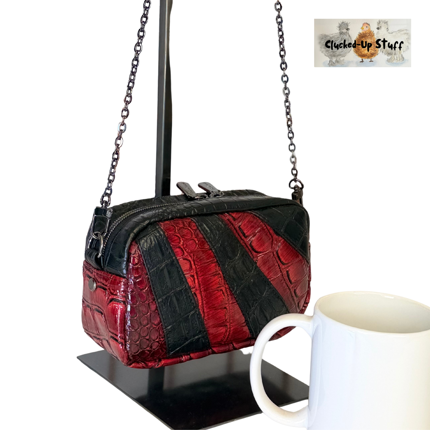 Red & Black Faux Crocodile Crossbody Bag – Bold Striped Handmade Statement Purse