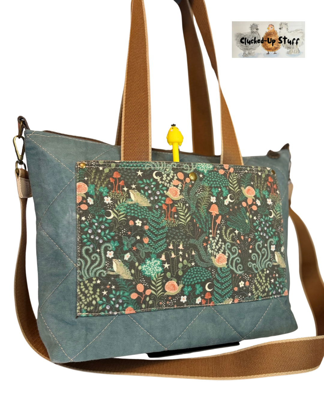 Hand-Dyed and Quilted Tote Bag with Forest Denim Print and Faux Leather Accents