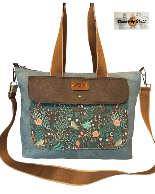 Hand-Dyed and Quilted Tote Bag with Forest Denim Print and Faux Leather Accents