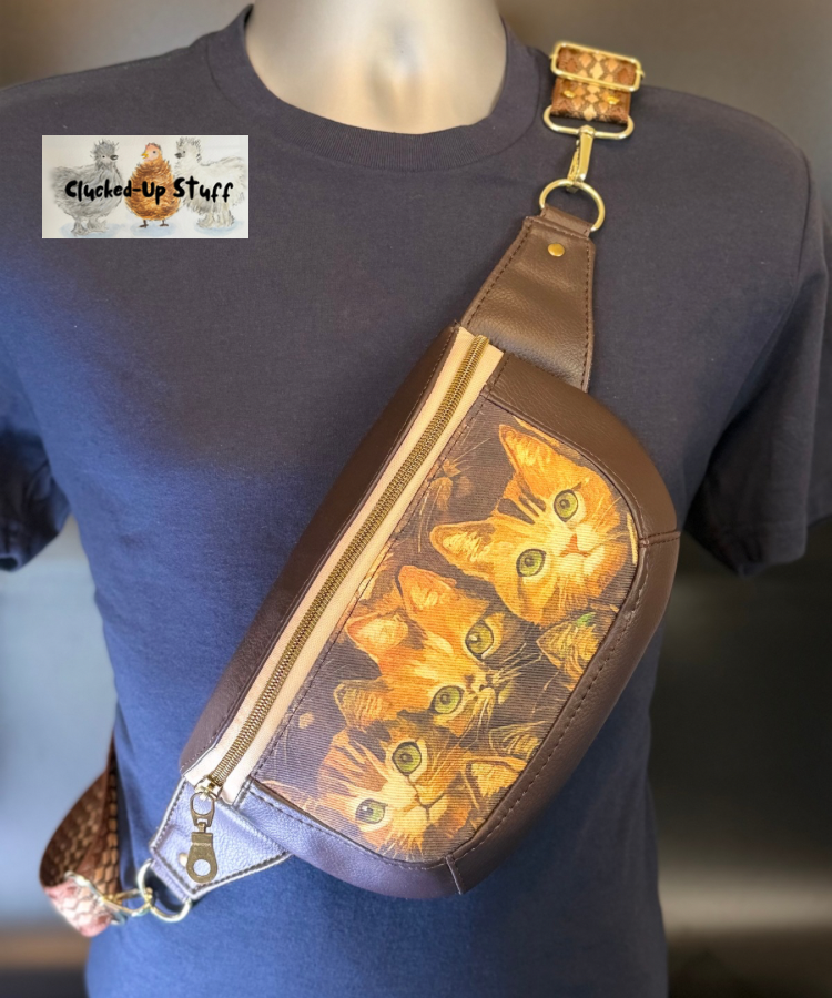 Clamshell Kitten Print Sling Bag in Faux Leather & Linen Canvas