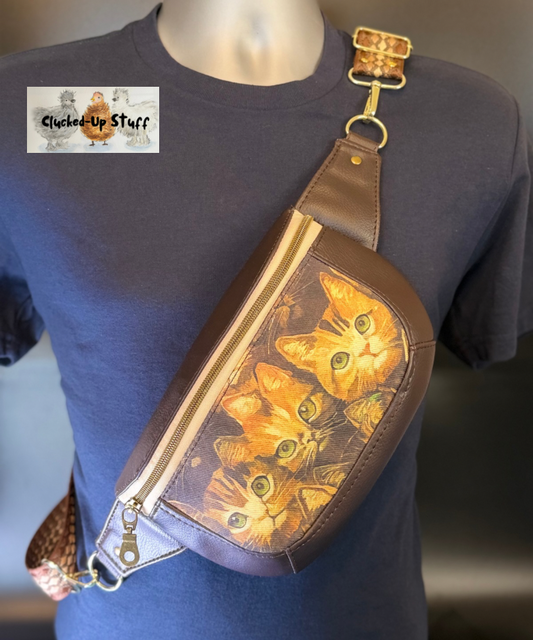 Clamshell Kitten Print Sling Bag in Faux Leather & Linen Canvas