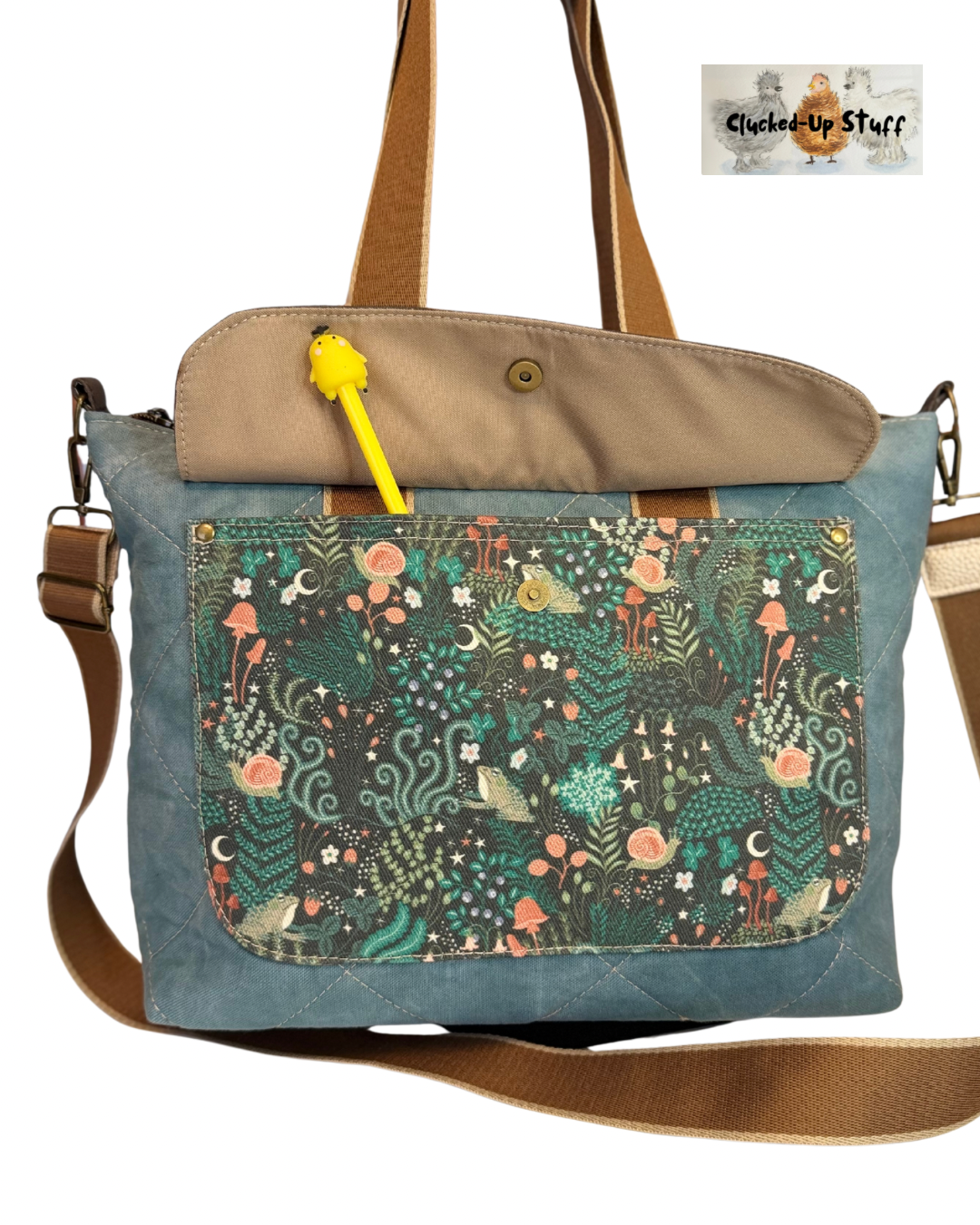 Hand-Dyed and Quilted Tote Bag with Forest Denim Print and Faux Leather Accents