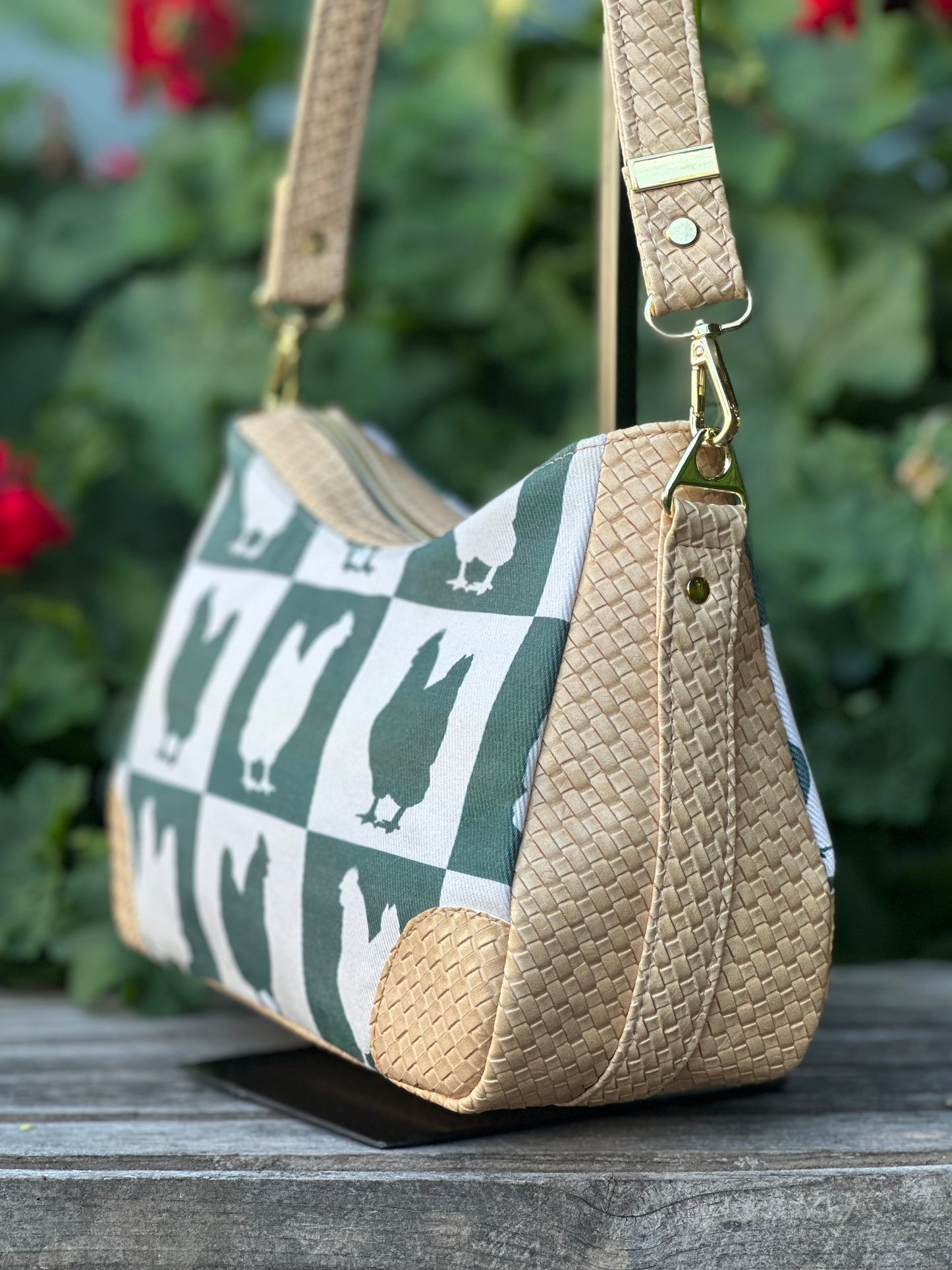 Green Checkered Chicken Shoulder Bag – Denim & Basket Weave Faux Leather