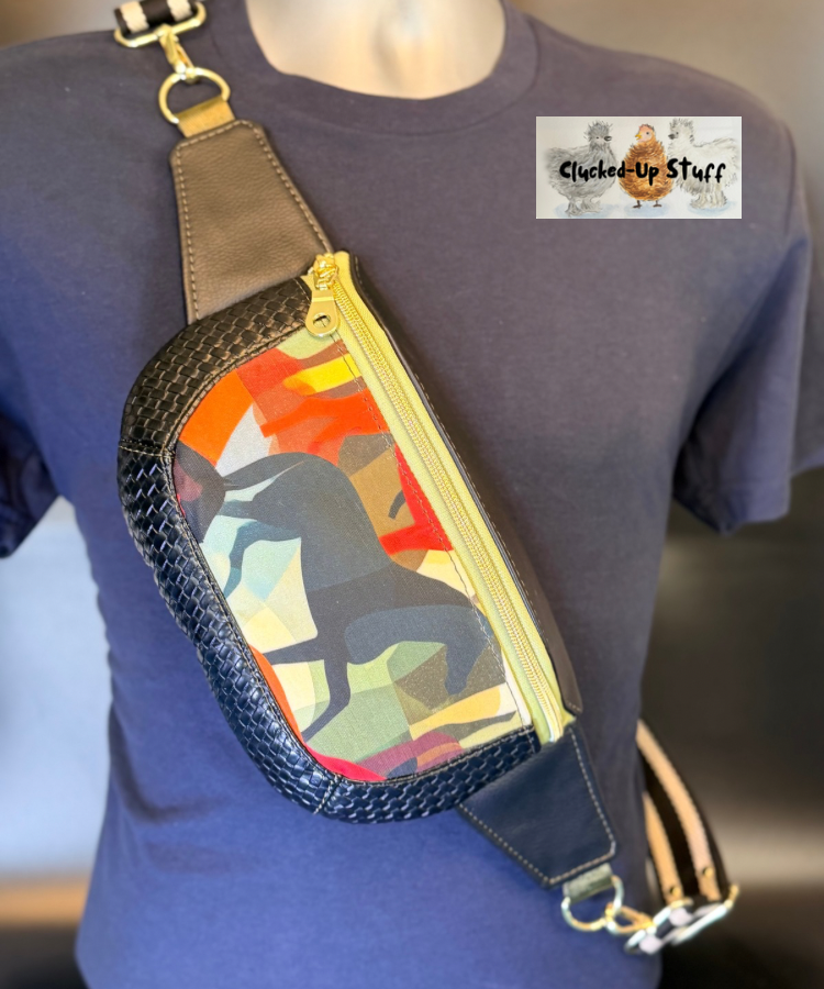 Clamshell Horse Print Sling Bag in Faux Leather & Linen Canvas