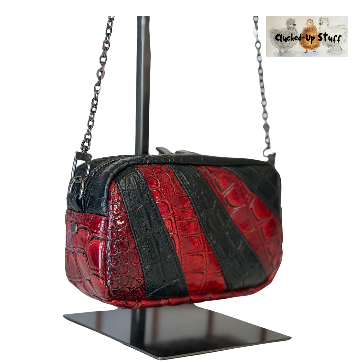 Red & Black Faux Crocodile Crossbody Bag – Bold Striped Handmade Statement Purse