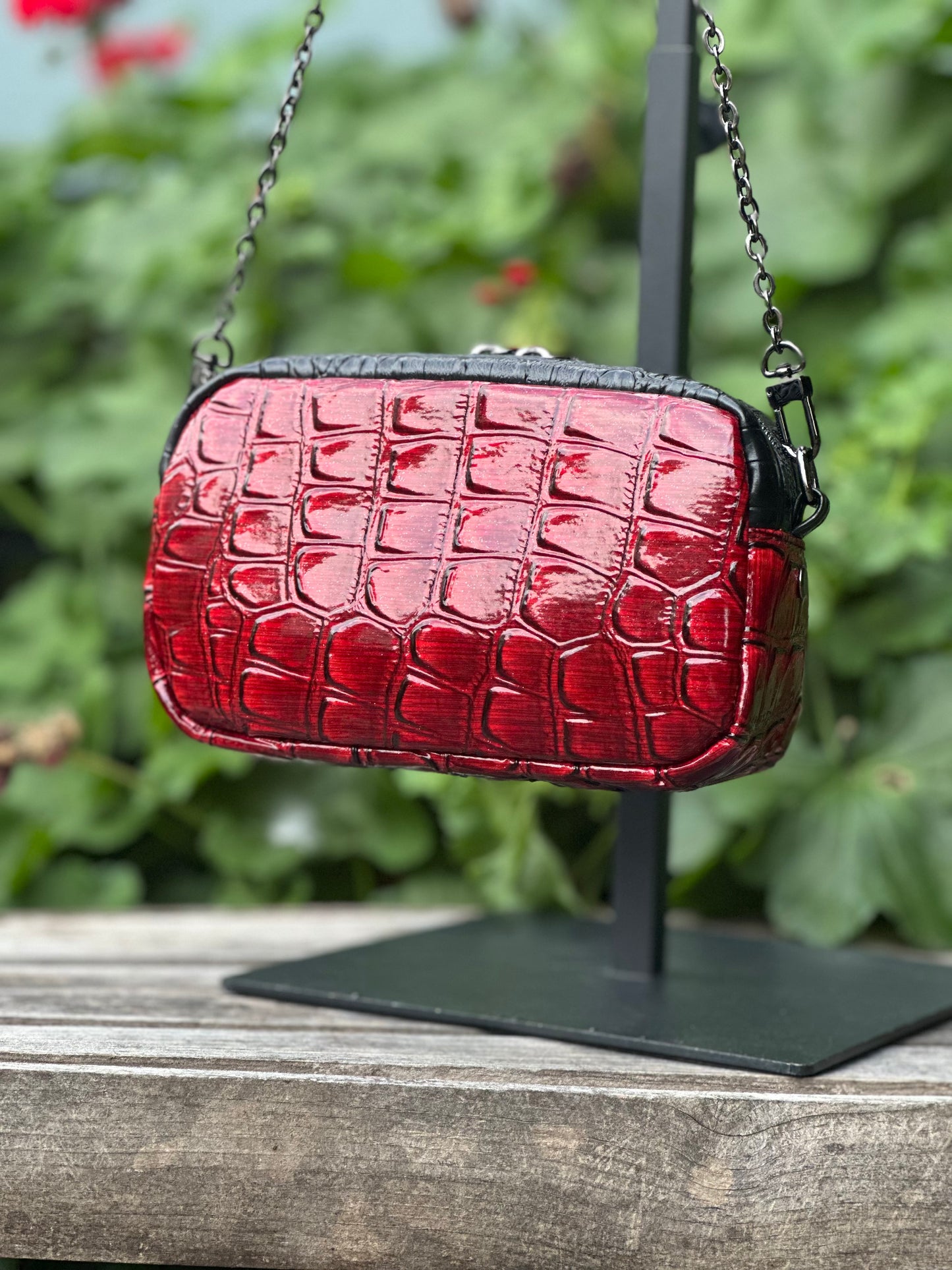 Red & Black Faux Crocodile Crossbody Bag – Bold Striped Handmade Statement Purse