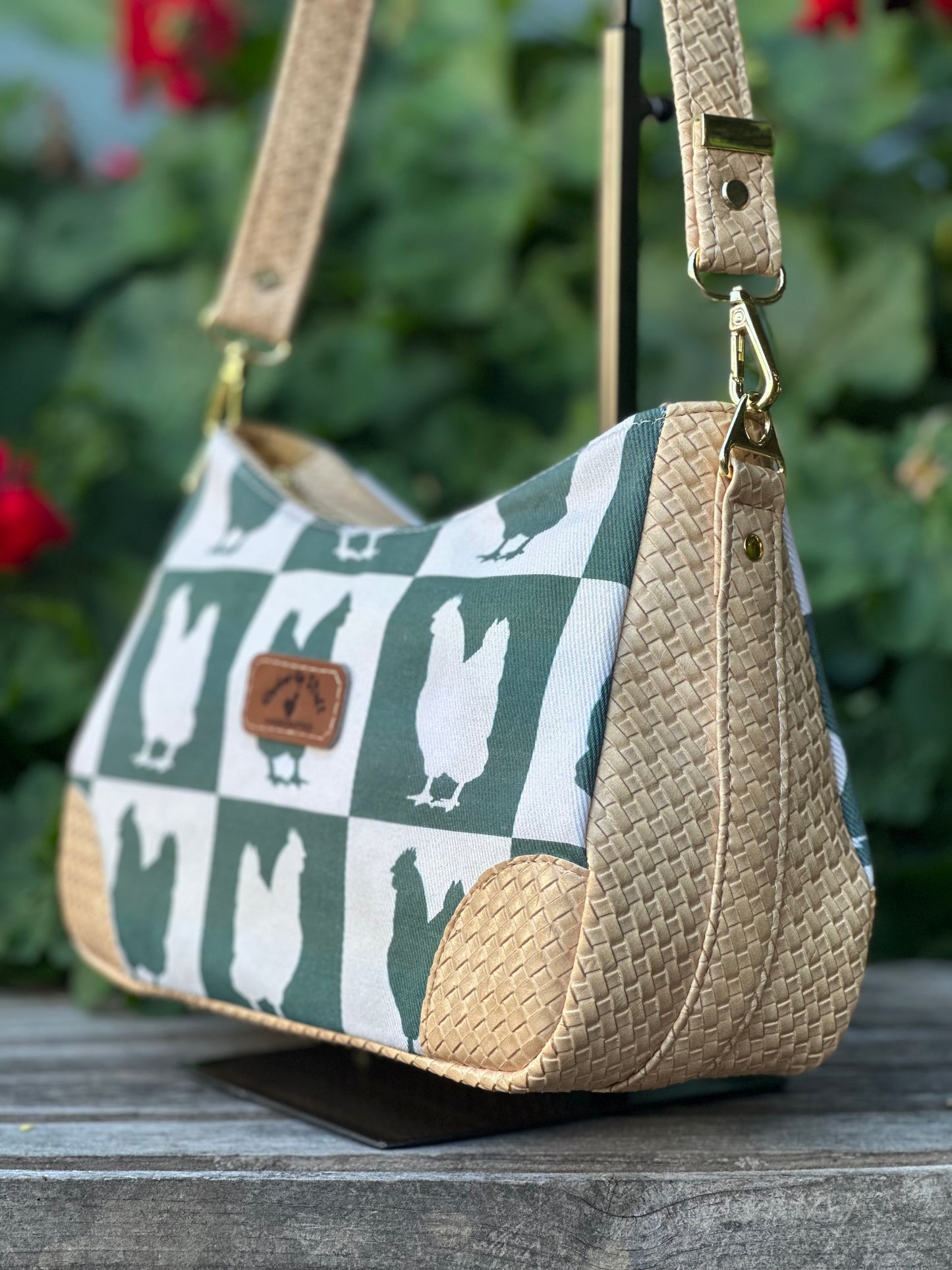 Green Checkered Chicken Shoulder Bag – Denim & Basket Weave Faux Leather