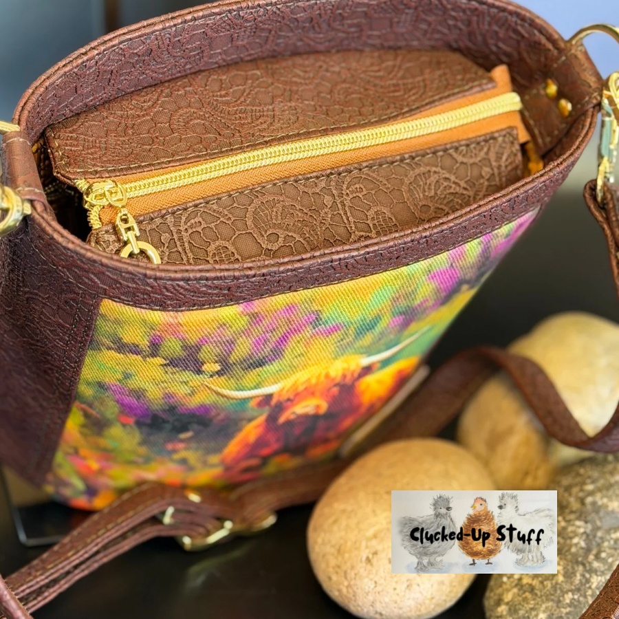 Baby Belle Bucket Bag – Highland Cow Print with Embossed Faux Leather