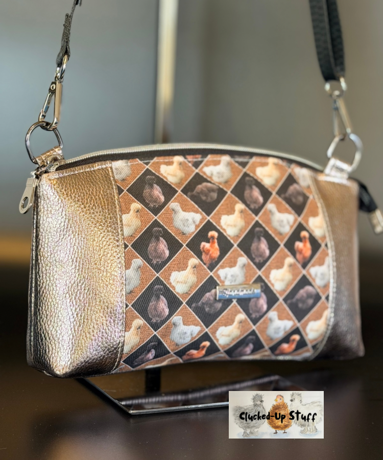 Denim Chicken Print Crossbody Bag with Built-In Wallet & Organizer Function