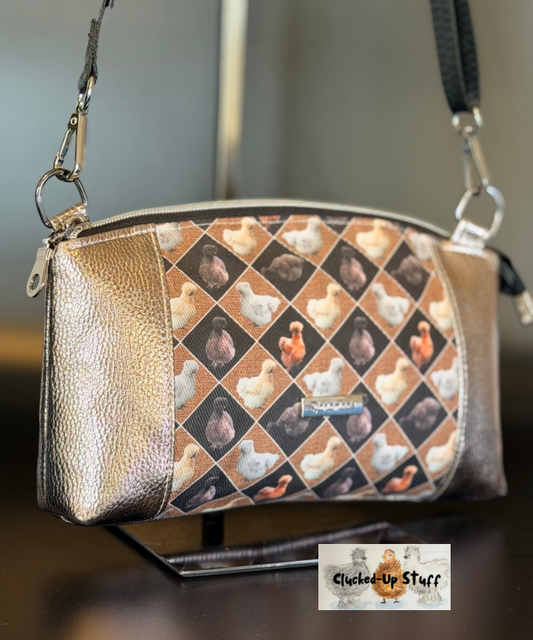 Denim Chicken Print Crossbody Bag with Built-In Wallet & Organizer Function