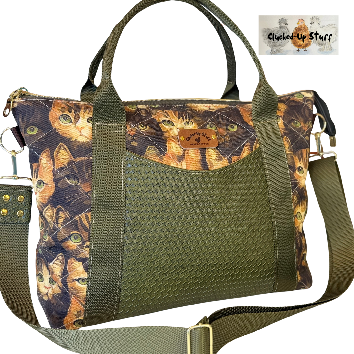 Kittens Cats Print Denim & Faux Leather Commuter Tote Bag