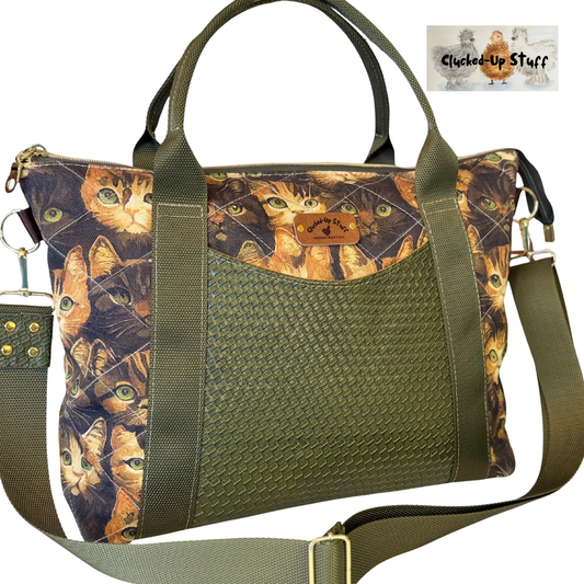 Kittens Cats Print Denim & Faux Leather Commuter Tote Bag