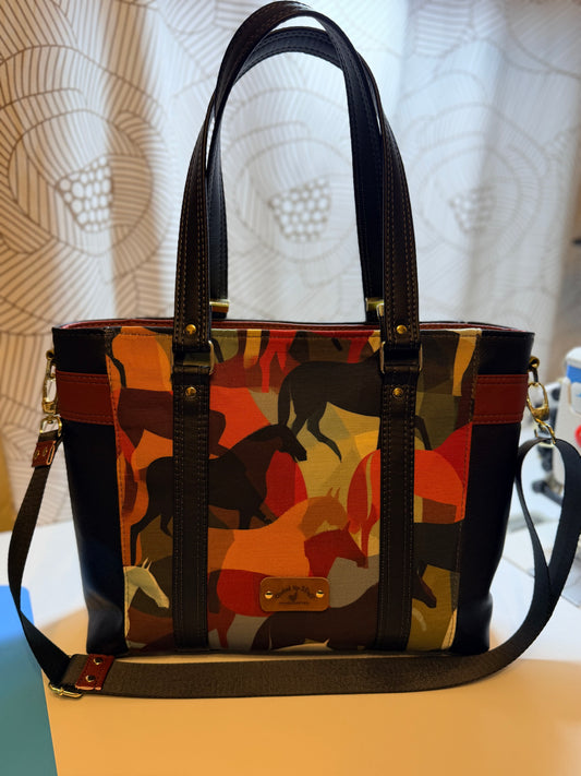 Equestrian Horse Print Faux Leather & Canvas Tote Bag