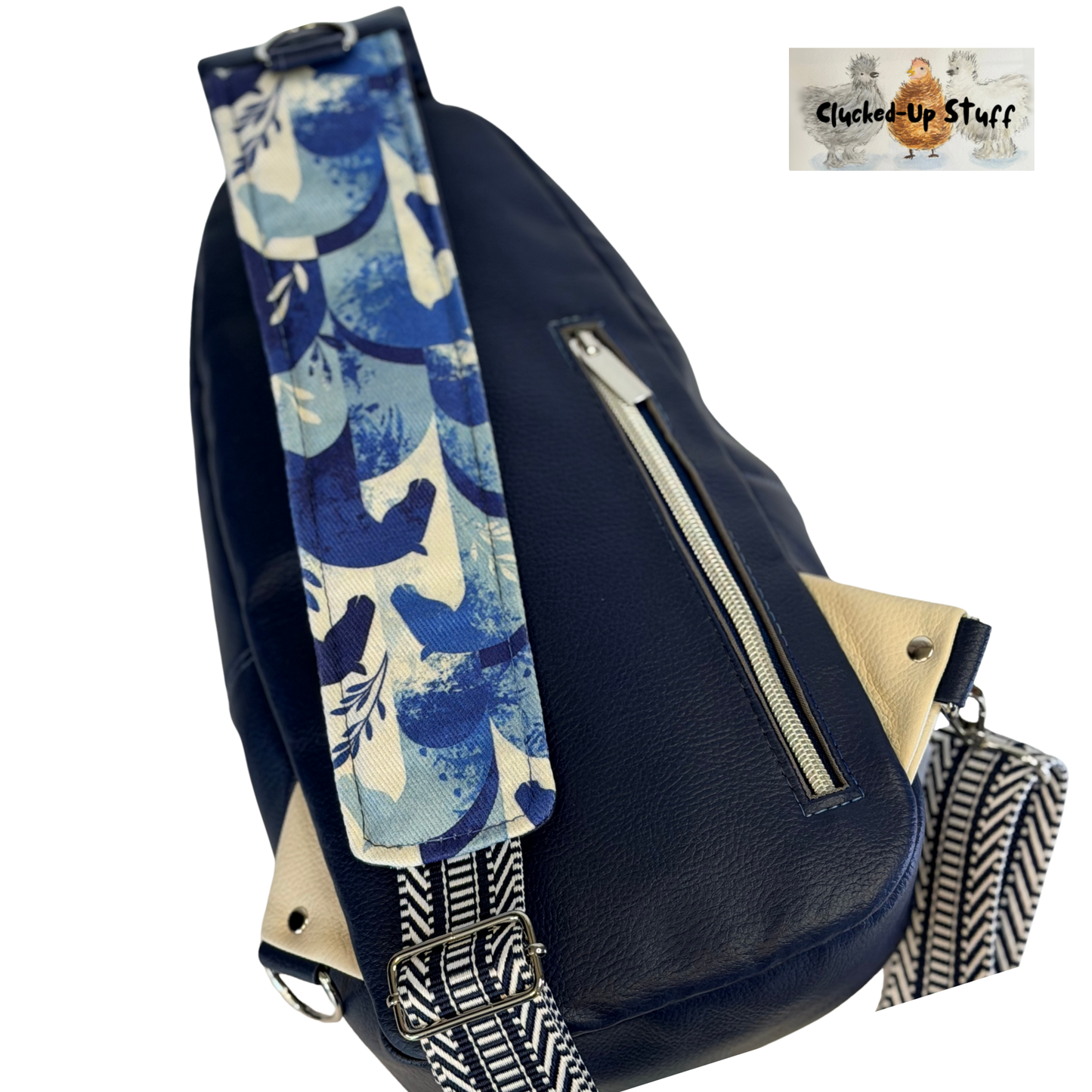 Denim Horse Print Sling Bag with Faux Leather & Water-Resistant Canvas Interior
