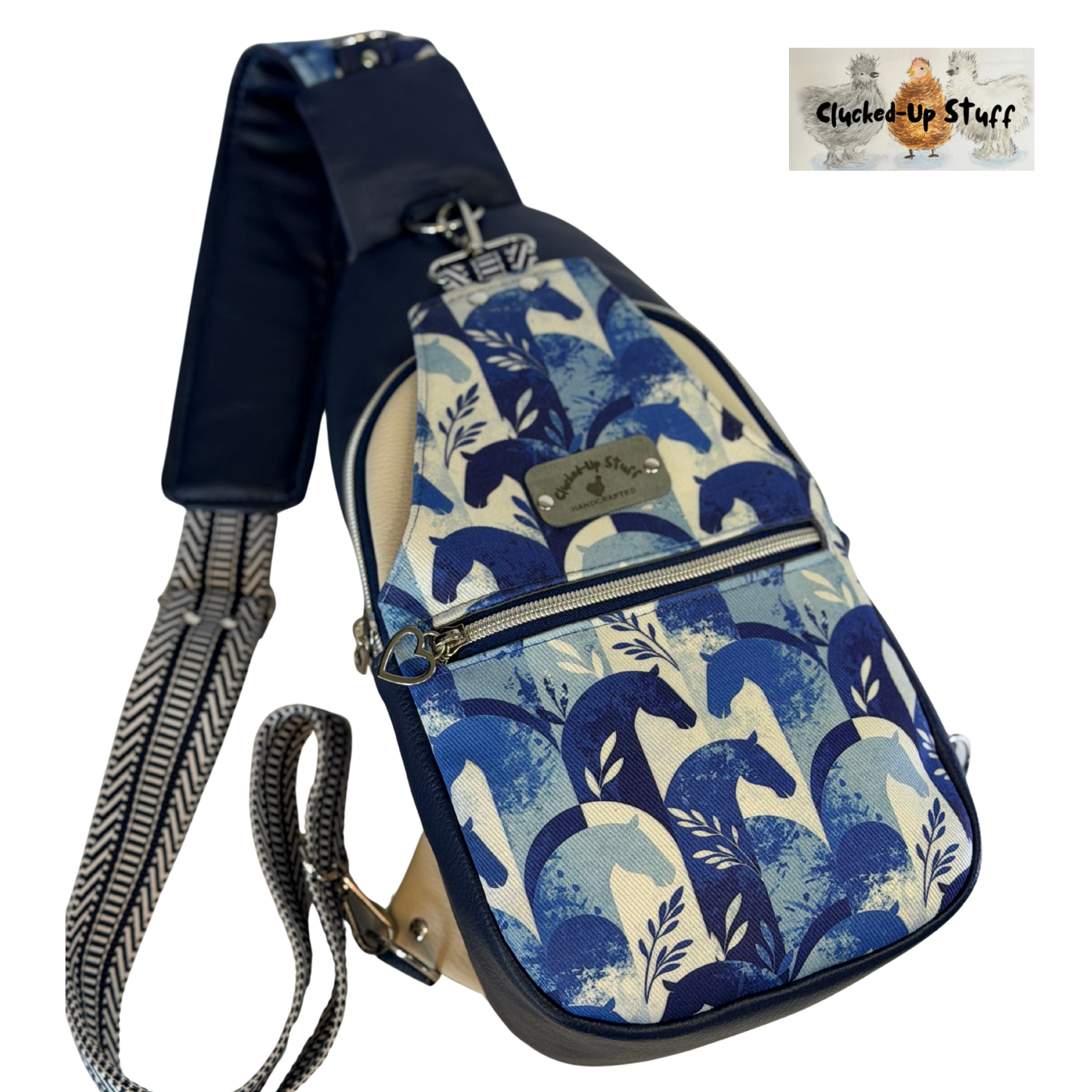 Denim Horse Print Sling Bag with Faux Leather & Water-Resistant Canvas Interior