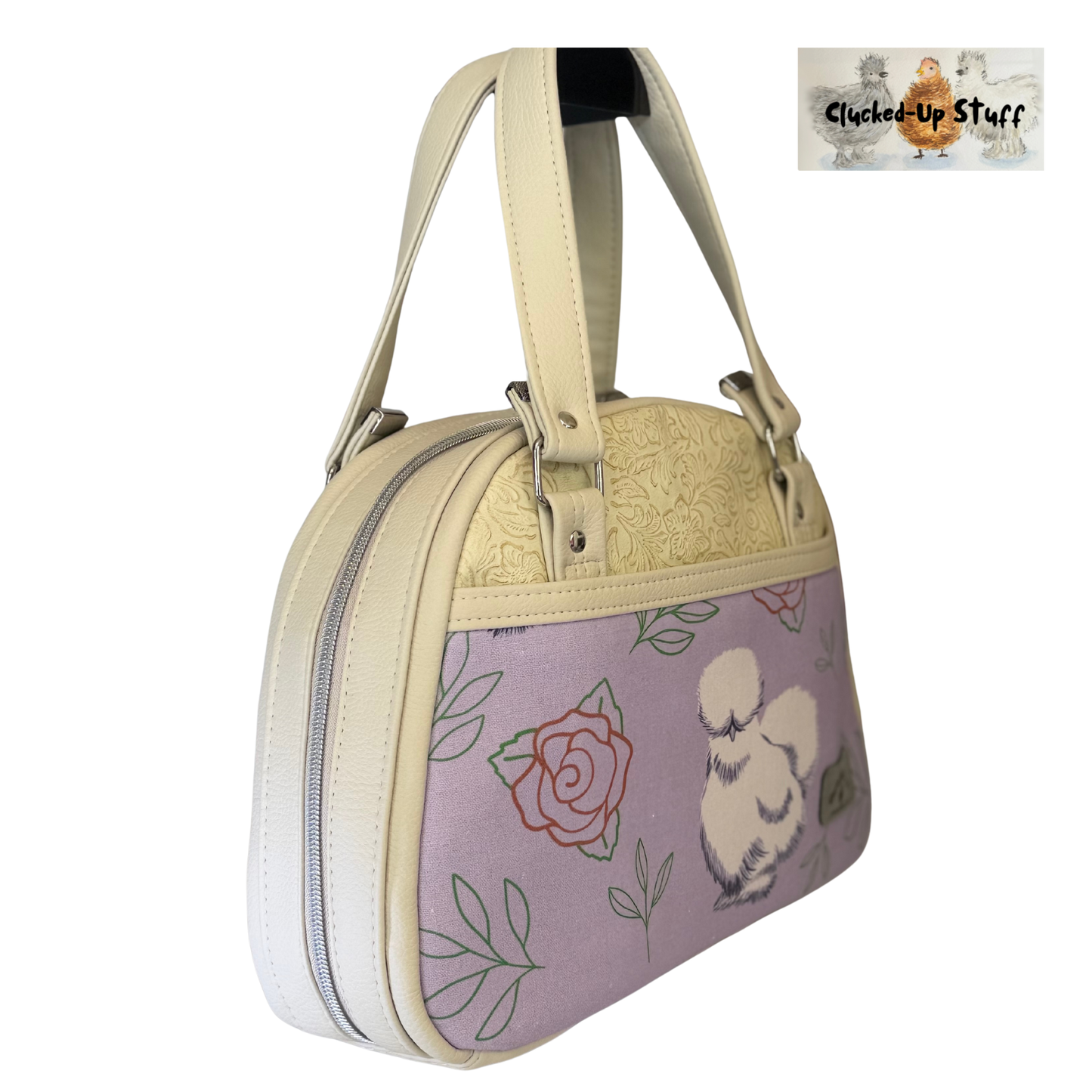 Silkie Chicken Bowler Bag – Lavender Canvas & Faux Leather