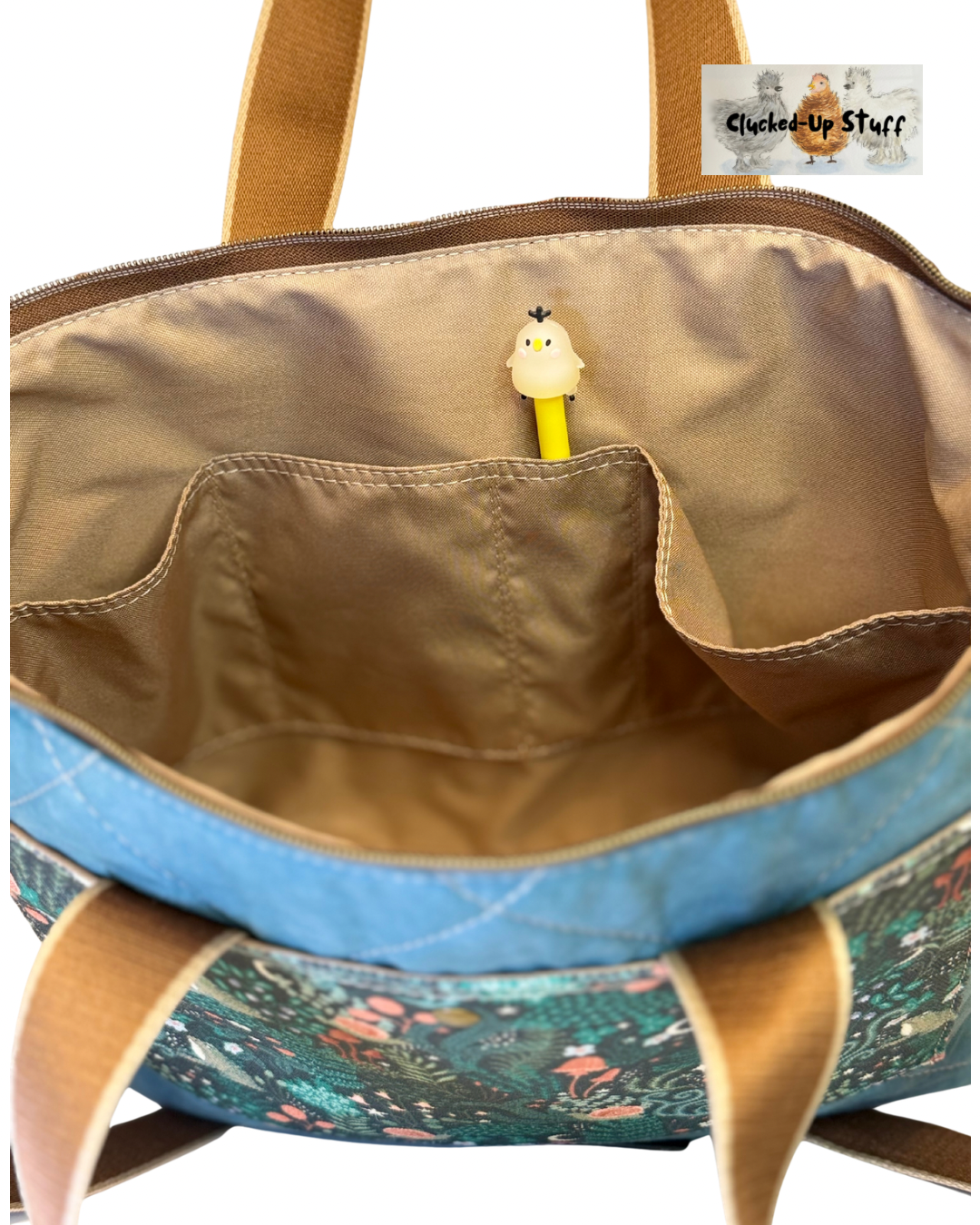 Hand-Dyed and Quilted Tote Bag with Forest Denim Print and Faux Leather Accents