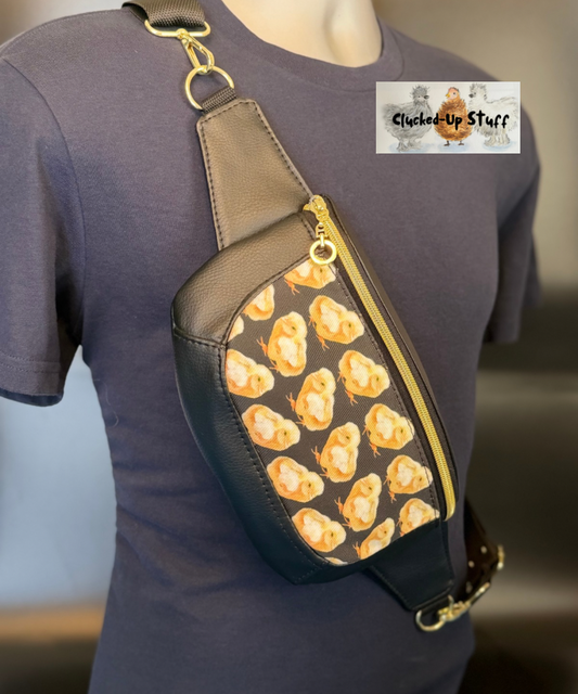 Clamshell Chick Print Sling Bag in Faux Leather & Linen Canvas