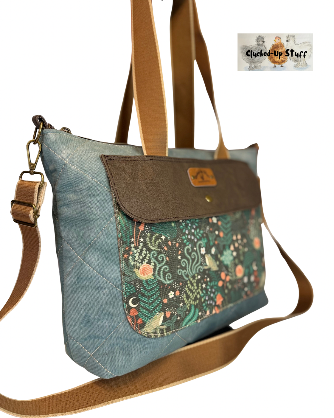 Hand-Dyed and Quilted Tote Bag with Forest Denim Print and Faux Leather Accents