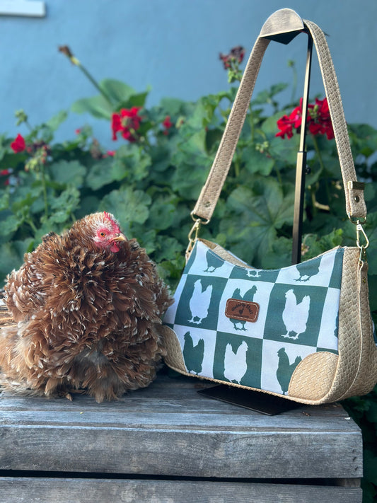 Green Checkered Chicken Shoulder Bag – Denim & Basket Weave Faux Leather