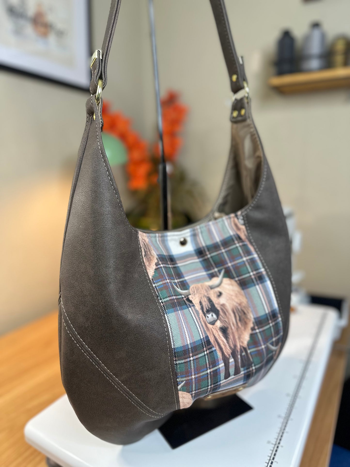 Slouchy Boho Shoulder Bag in Highland Cow Plaid