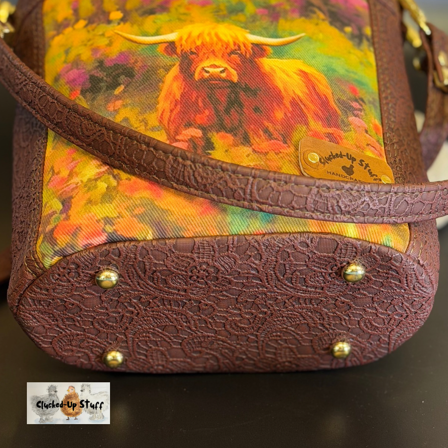 Baby Belle Bucket Bag – Highland Cow Print with Embossed Faux Leather