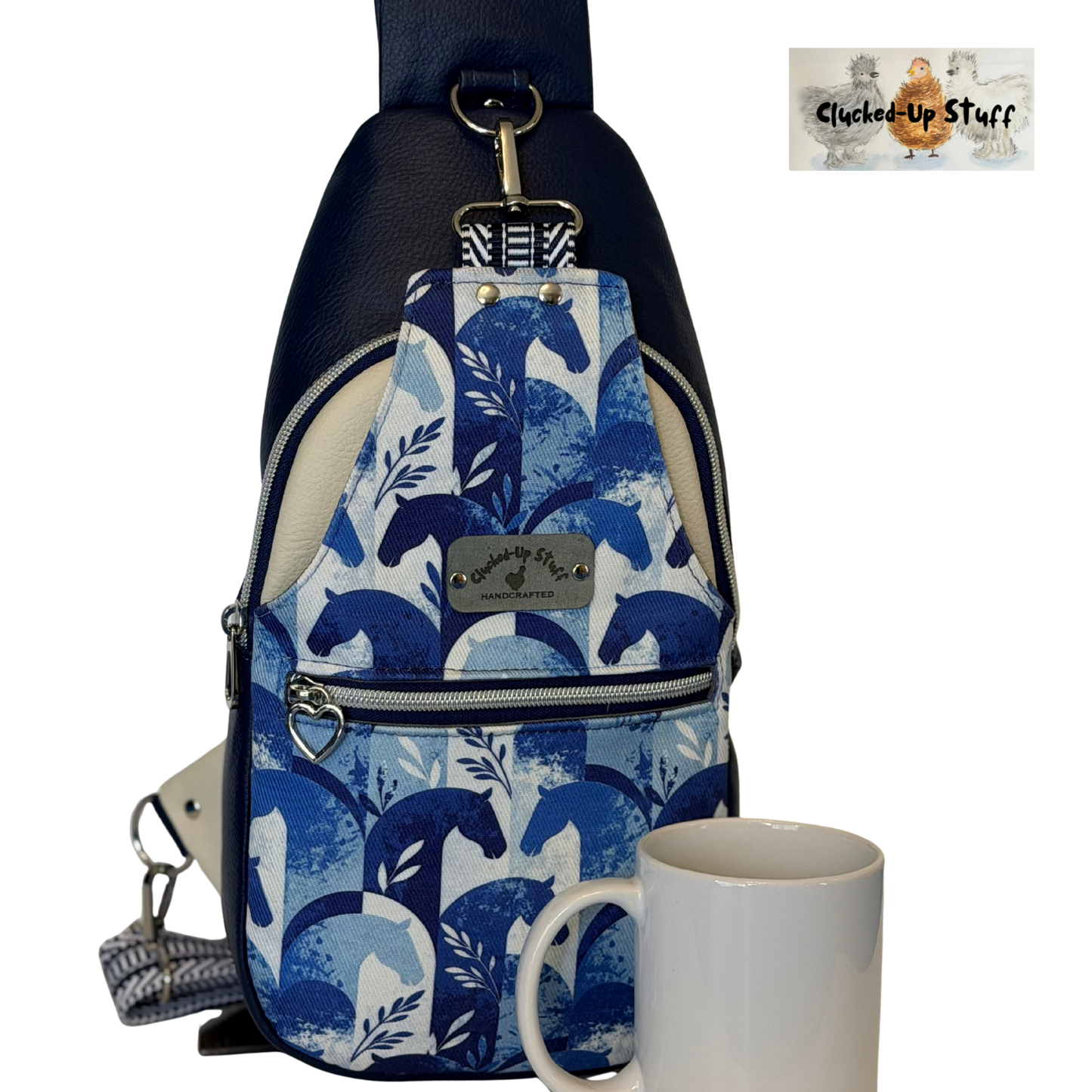 Denim Horse Print Sling Bag with Faux Leather & Water-Resistant Canvas Interior