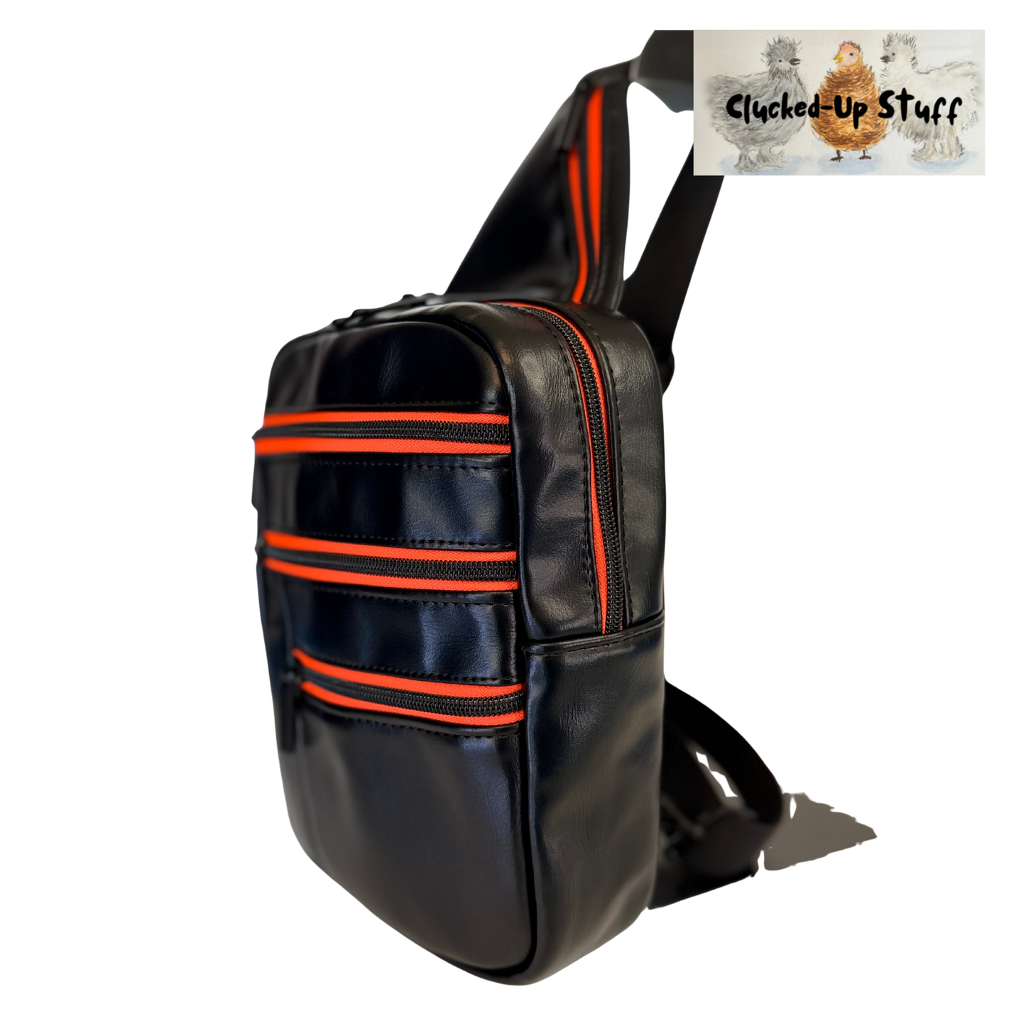 Black Faux Leather Unisex Sling Bag with Orange Zippers | Waterproof Lining | Modern Crossbody