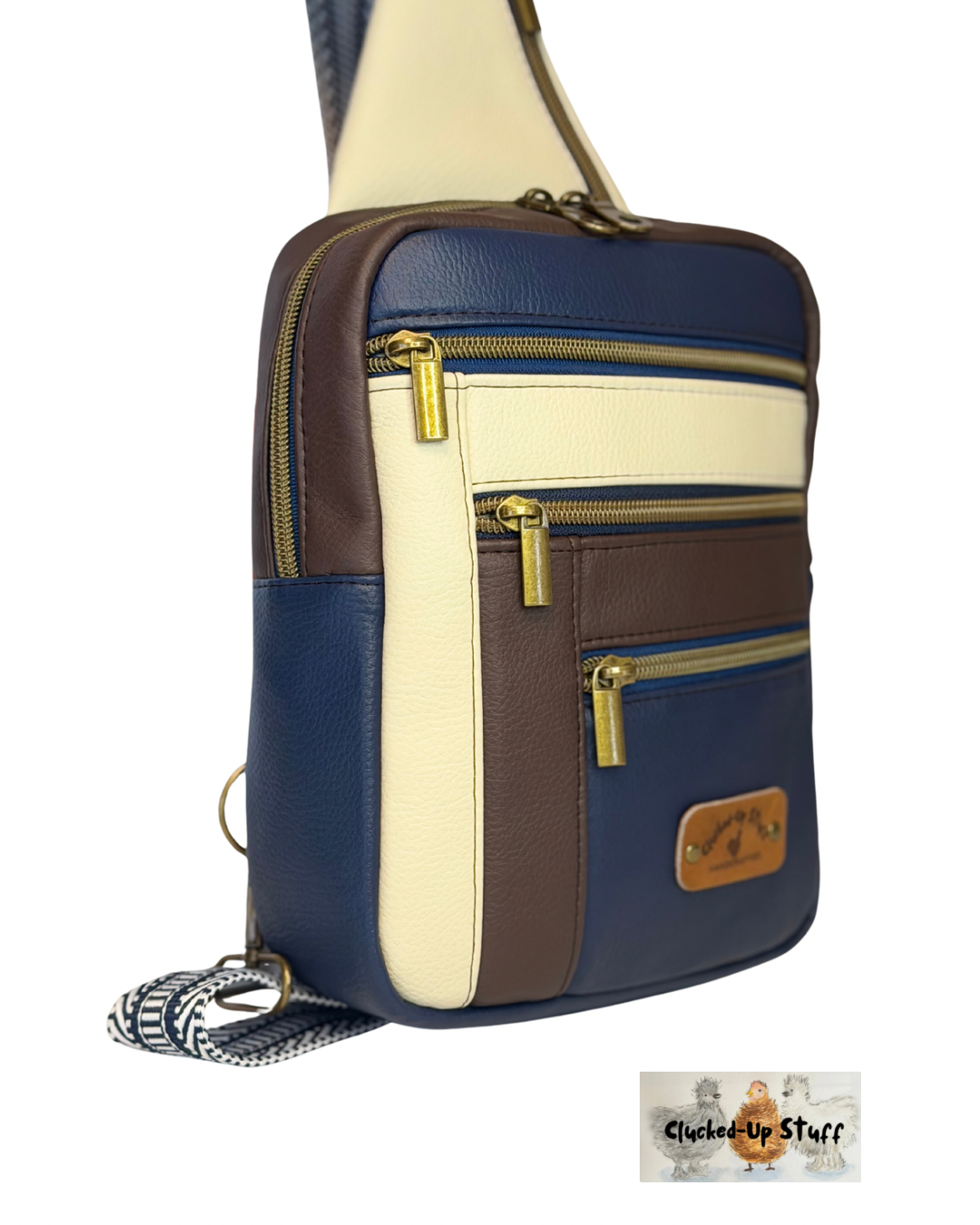 Colorblock Faux Leather Sling Bag with Multi-Zip Pockets