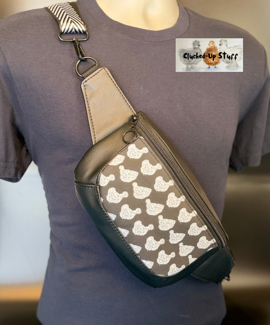 Clamshell Silkie Chicken Print Sling Bag in Faux Leather & Linen Canvas