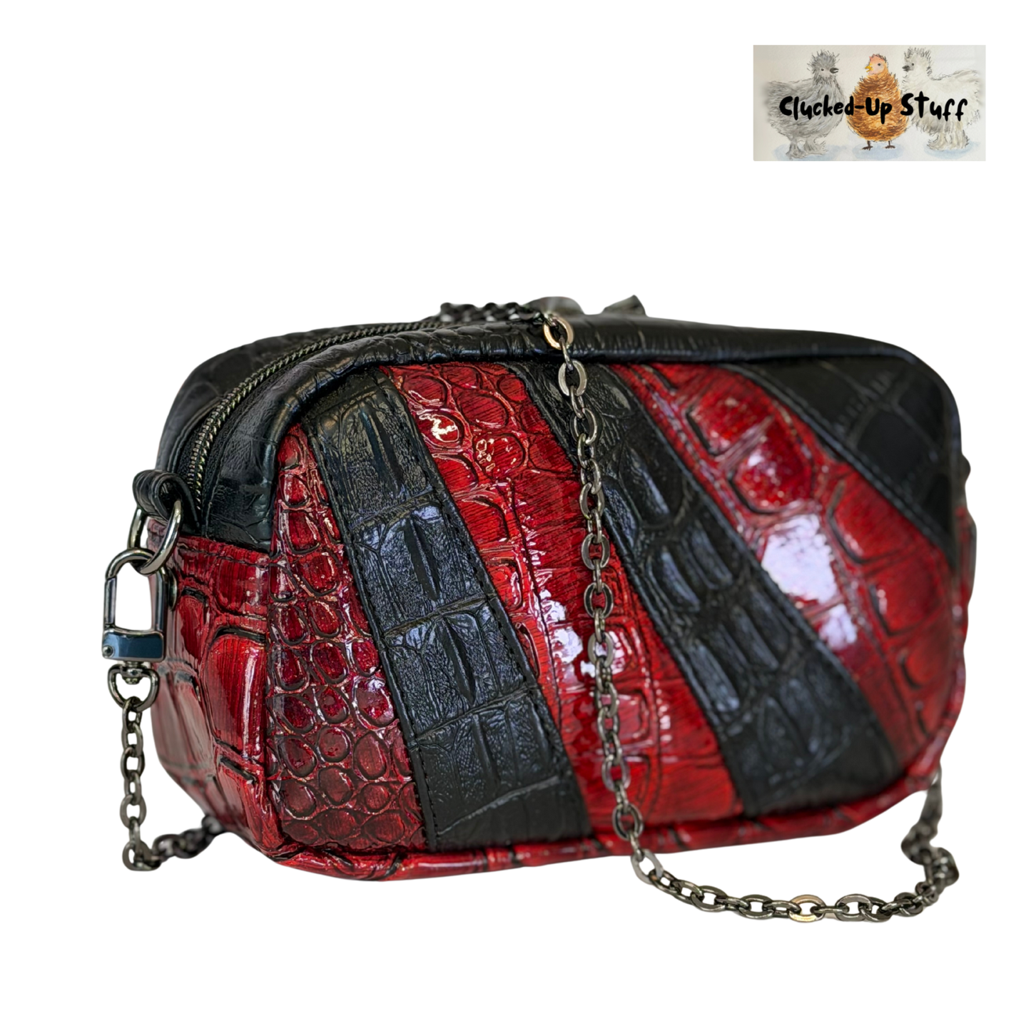 Red & Black Faux Crocodile Crossbody Bag – Bold Striped Handmade Statement Purse