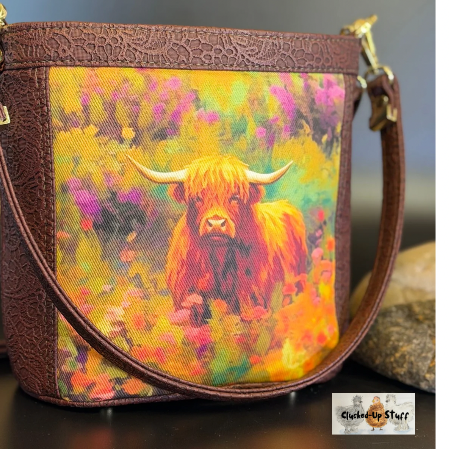 Baby Belle Bucket Bag – Highland Cow Print with Embossed Faux Leather