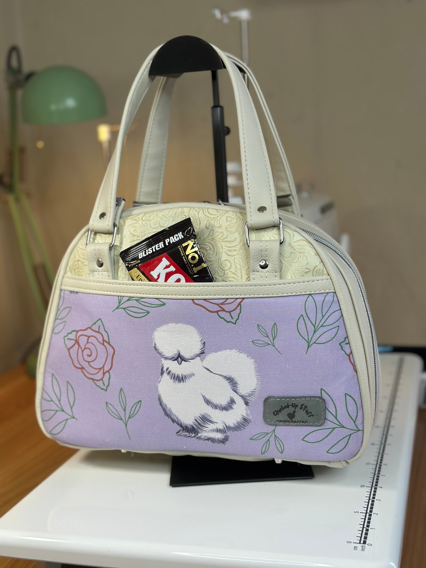Silkie Chicken Bowler Bag – Lavender Canvas & Faux Leather