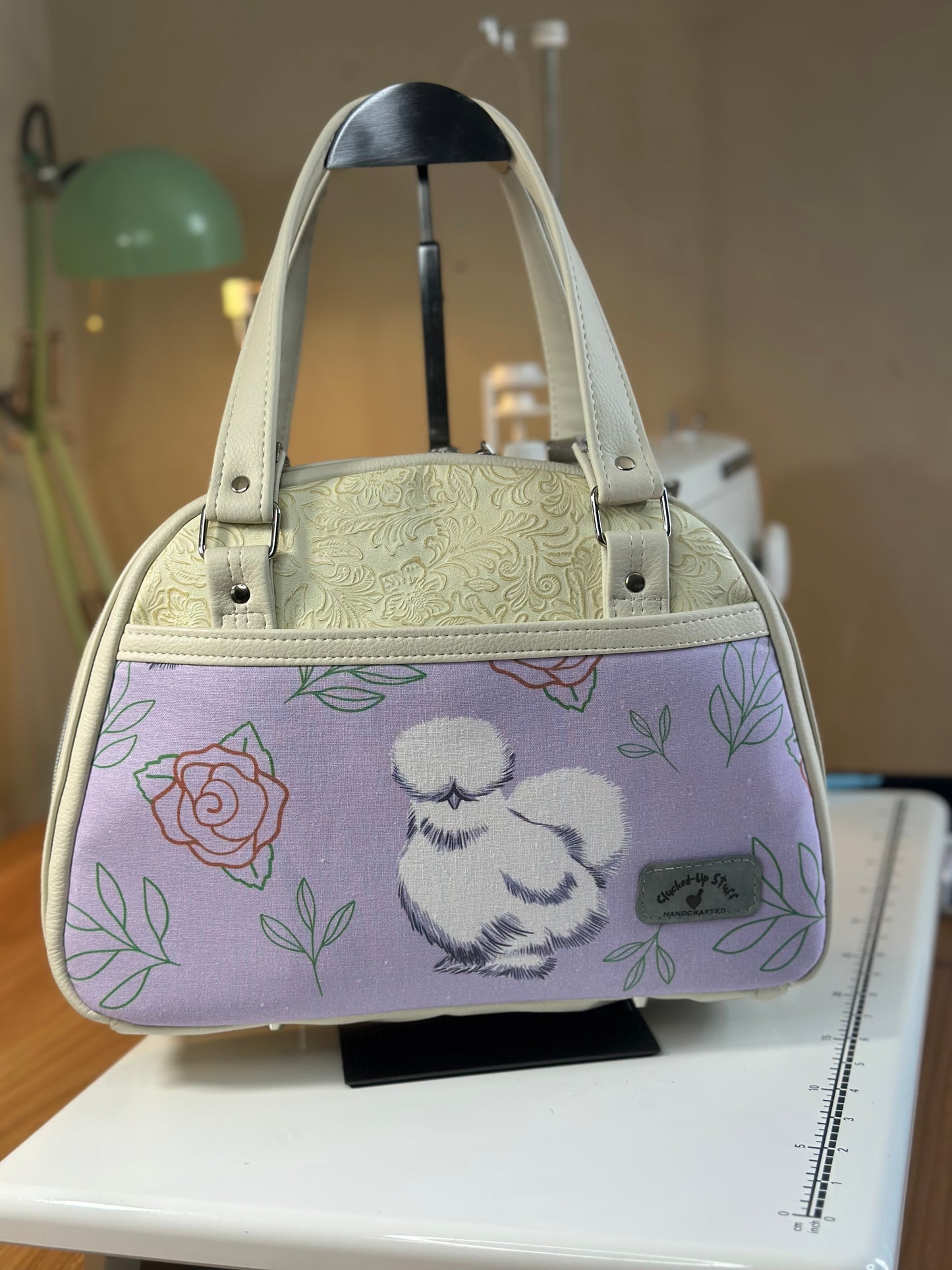 Silkie Chicken Bowler Bag – Lavender Canvas & Faux Leather