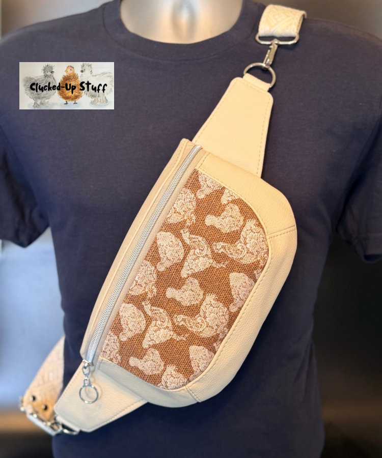 Clamshell Chicken Print Sling Bag in Faux Leather & Linen Canvas