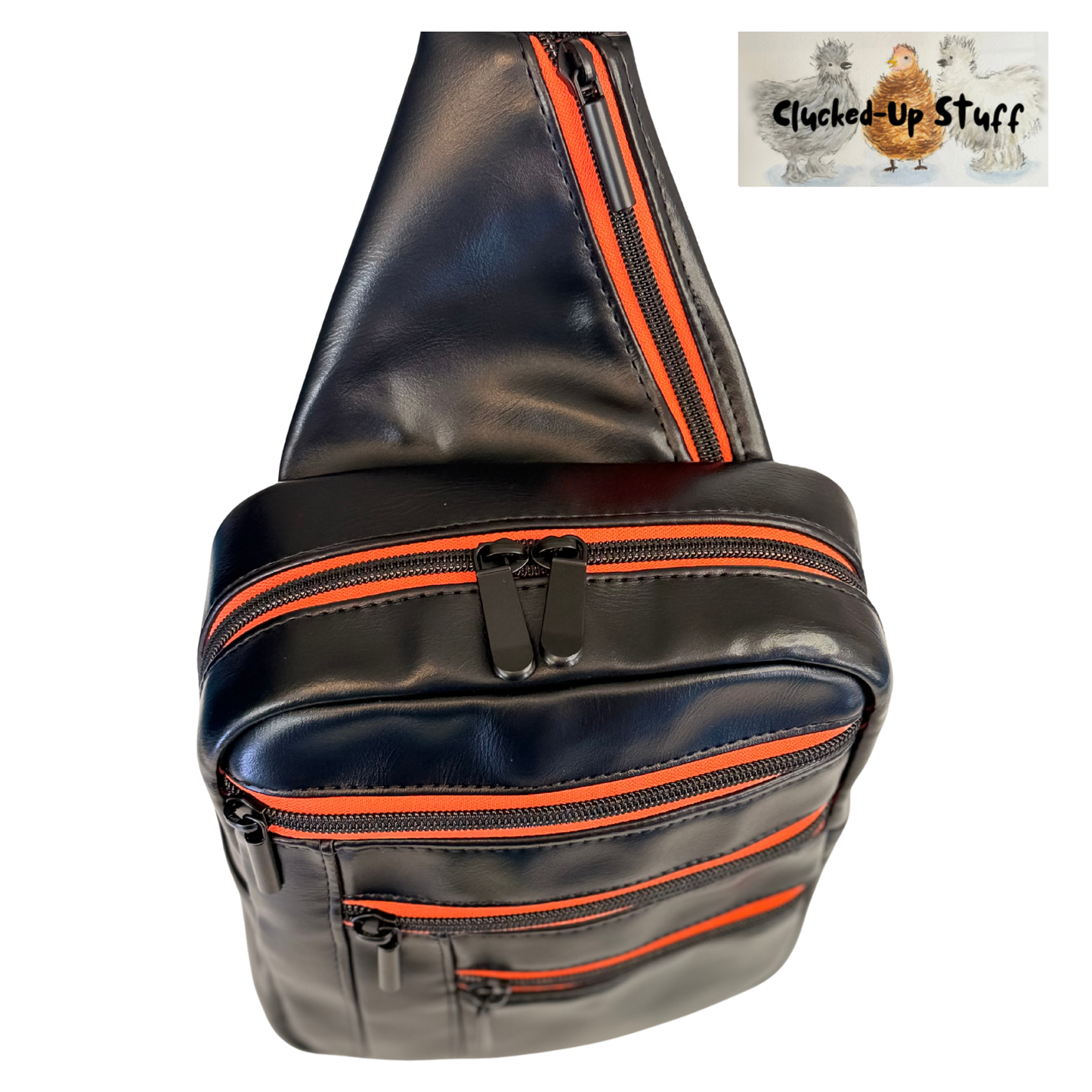Black Faux Leather Unisex Sling Bag with Orange Zippers | Waterproof Lining | Modern Crossbody
