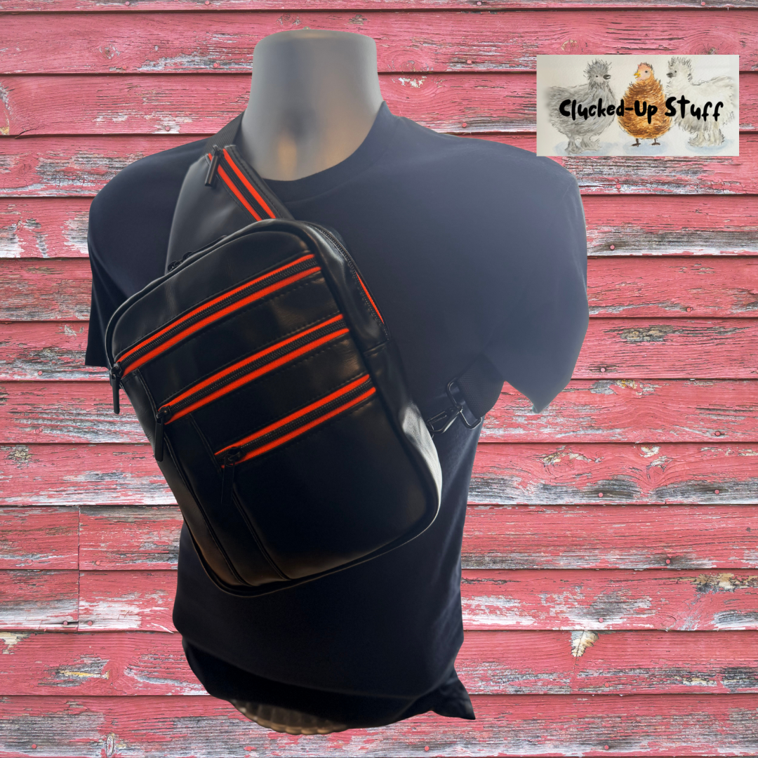 Black Faux Leather Unisex Sling Bag with Orange Zippers | Waterproof Lining | Modern Crossbody