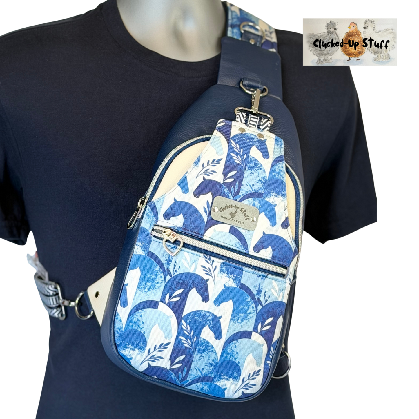 Denim Horse Print Sling Bag with Faux Leather & Water-Resistant Canvas Interior