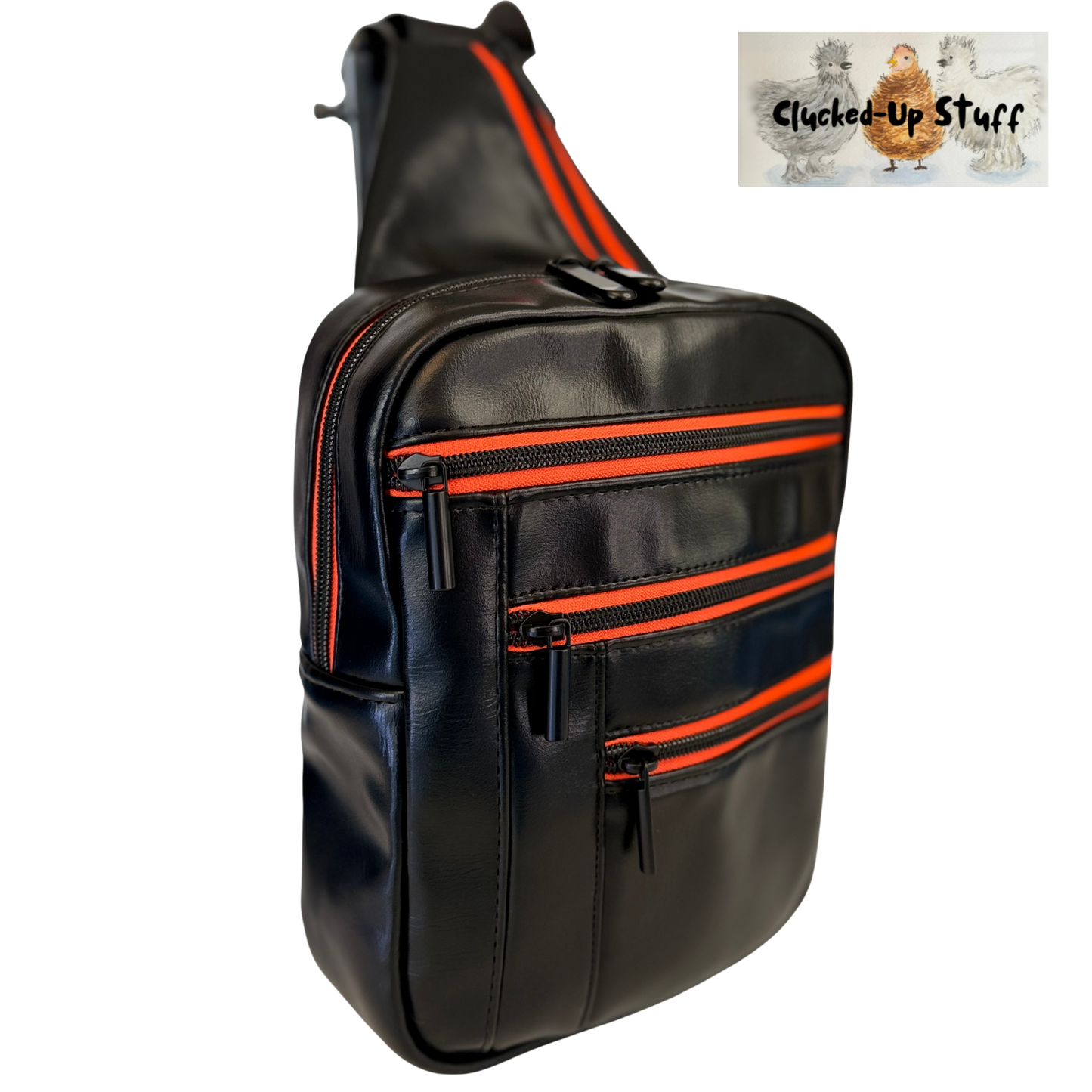 Black Faux Leather Unisex Sling Bag with Orange Zippers | Waterproof Lining | Modern Crossbody